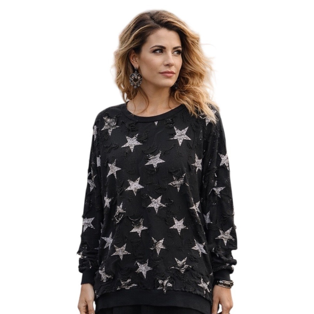 Roberto Cavalli XL Top Black Star Distressed Italy David Rose Grunge Goth‎ 1416